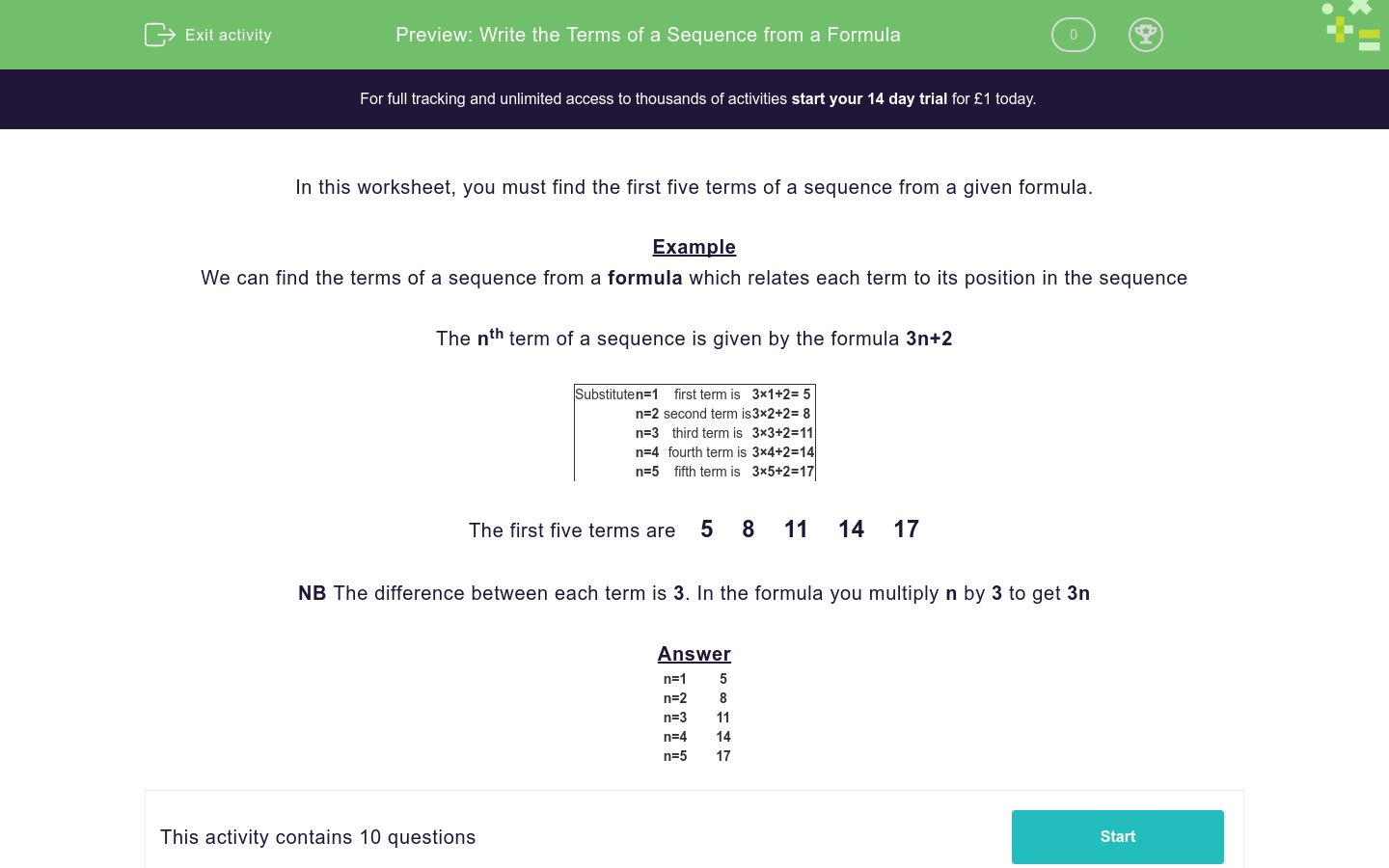 Write the Terms of a Sequence from a Formula Worksheet - EdPlace