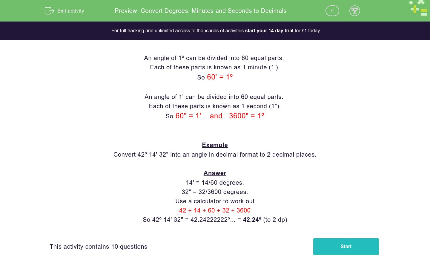 Convert Degrees, Minutes and Seconds to Decimals Worksheet - EdPlace