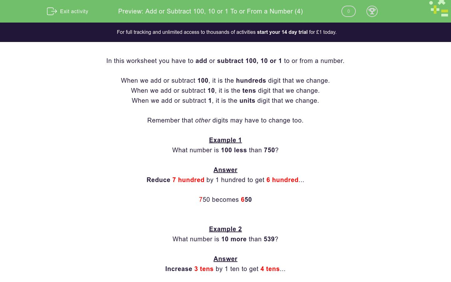 Add or Subtract 100, 10 or 1 To or From a Number (4) Worksheet - EdPlace