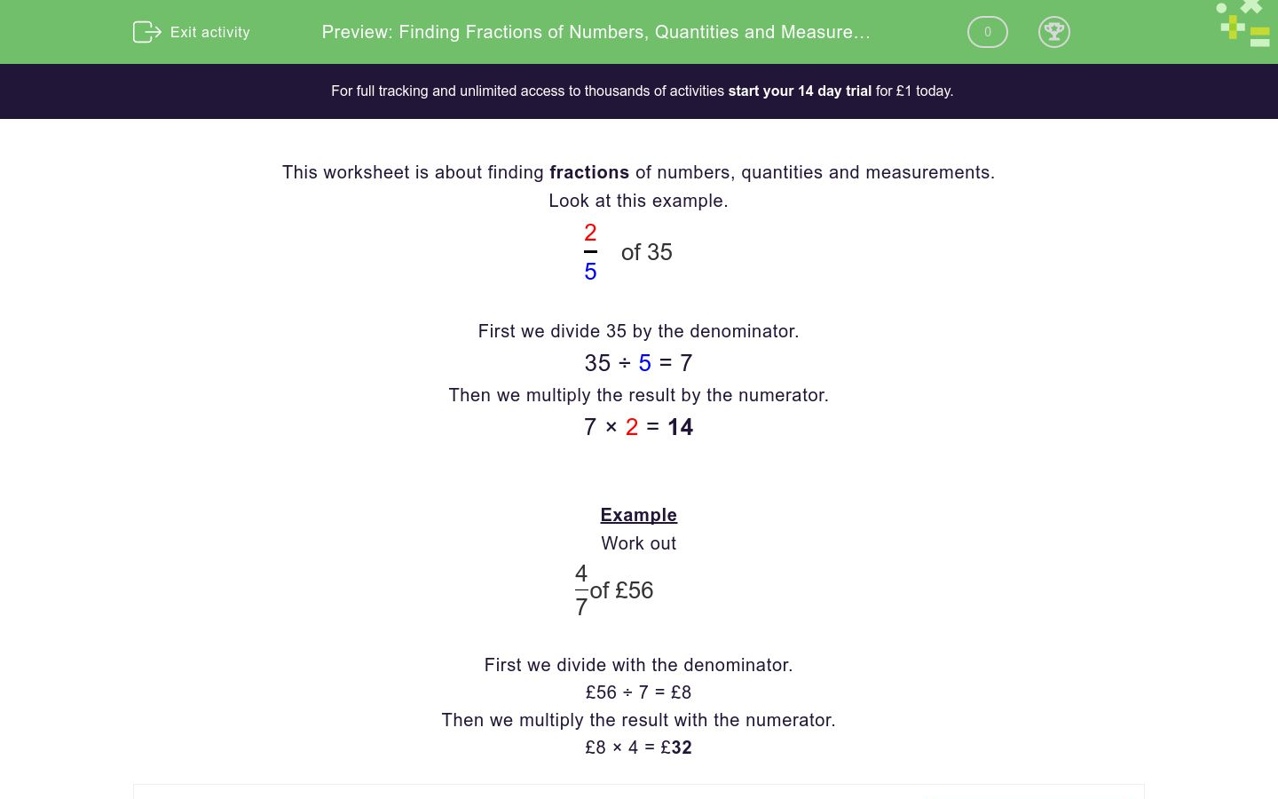 Finding Fractions of Numbers, Quantities and Measurements Worksheet ...