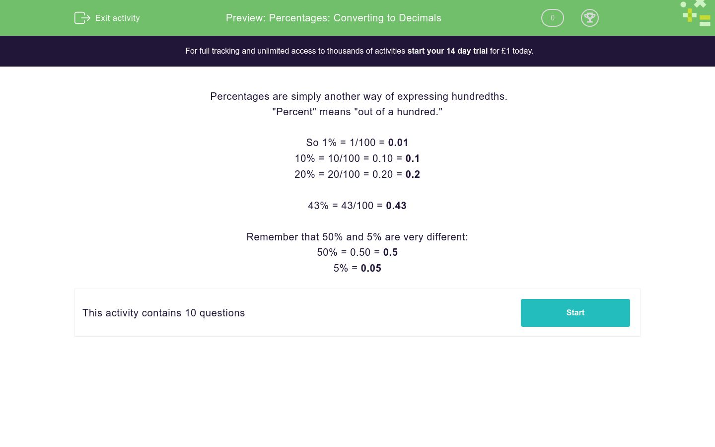 Percentages Converting To Decimals Worksheet Edplace