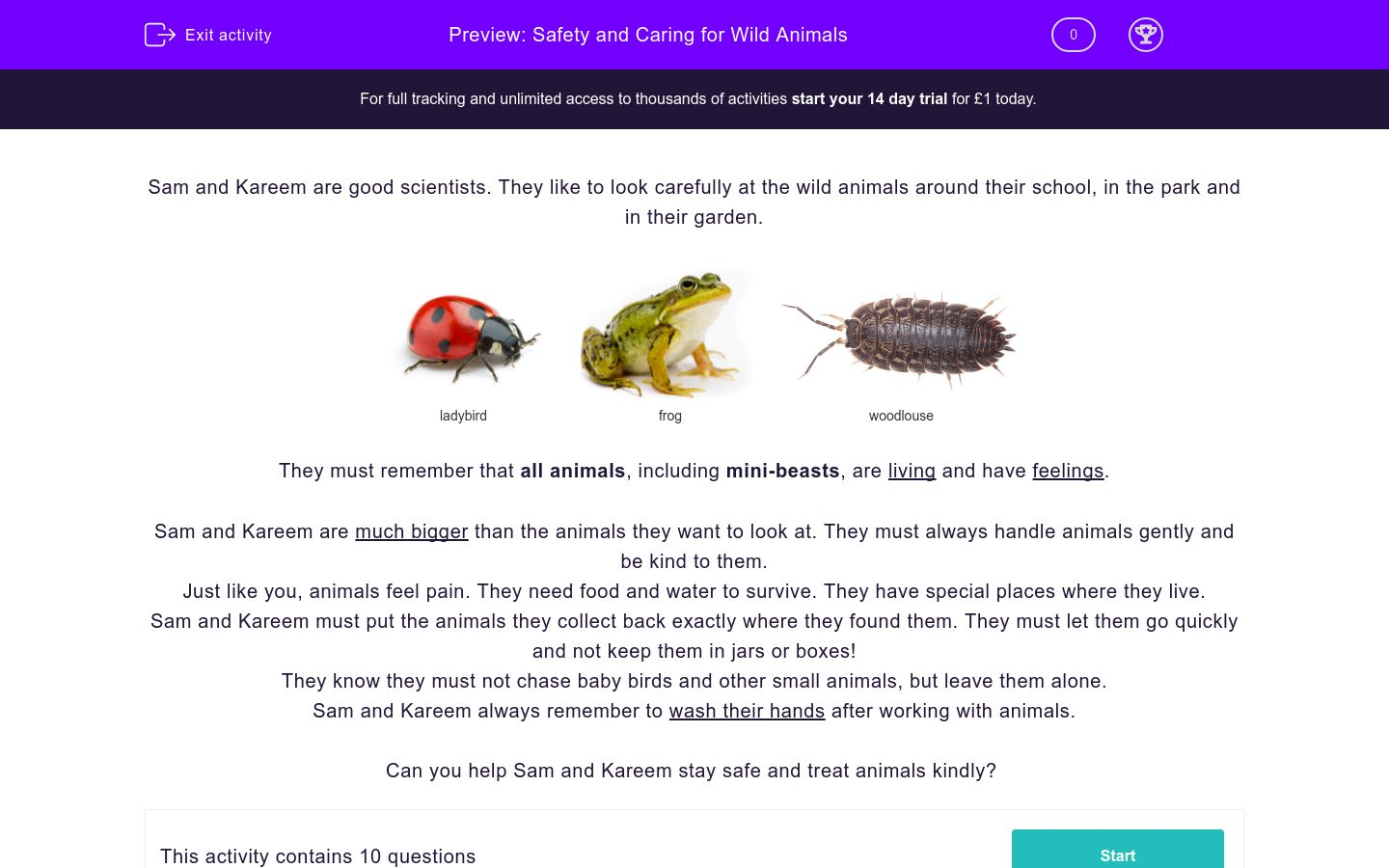 Safety and Caring for Wild Animals Worksheet EdPlace
