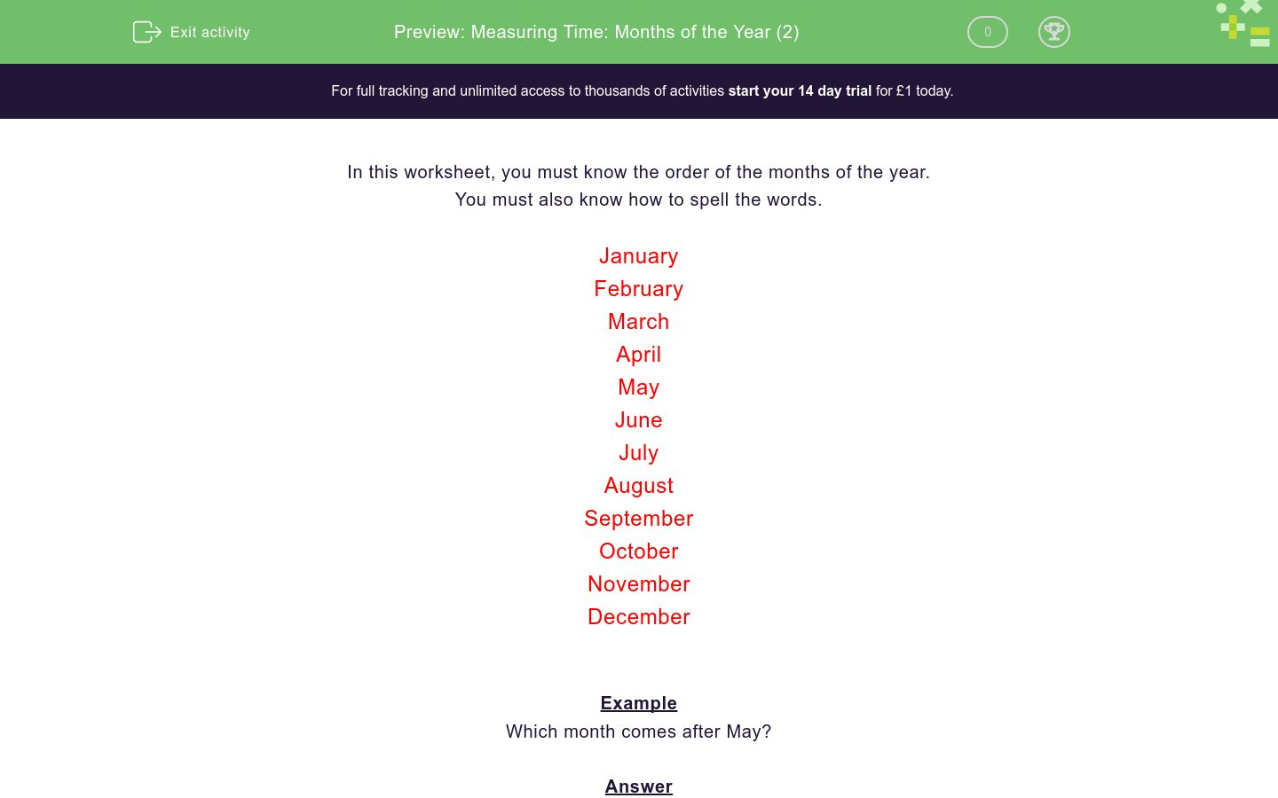 measuring time months of the year 2 worksheet edplace