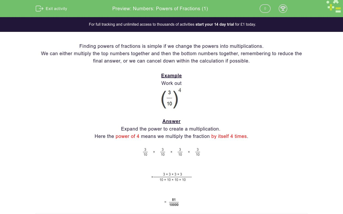 Numbers: Powers of Fractions (1) Worksheet - EdPlace