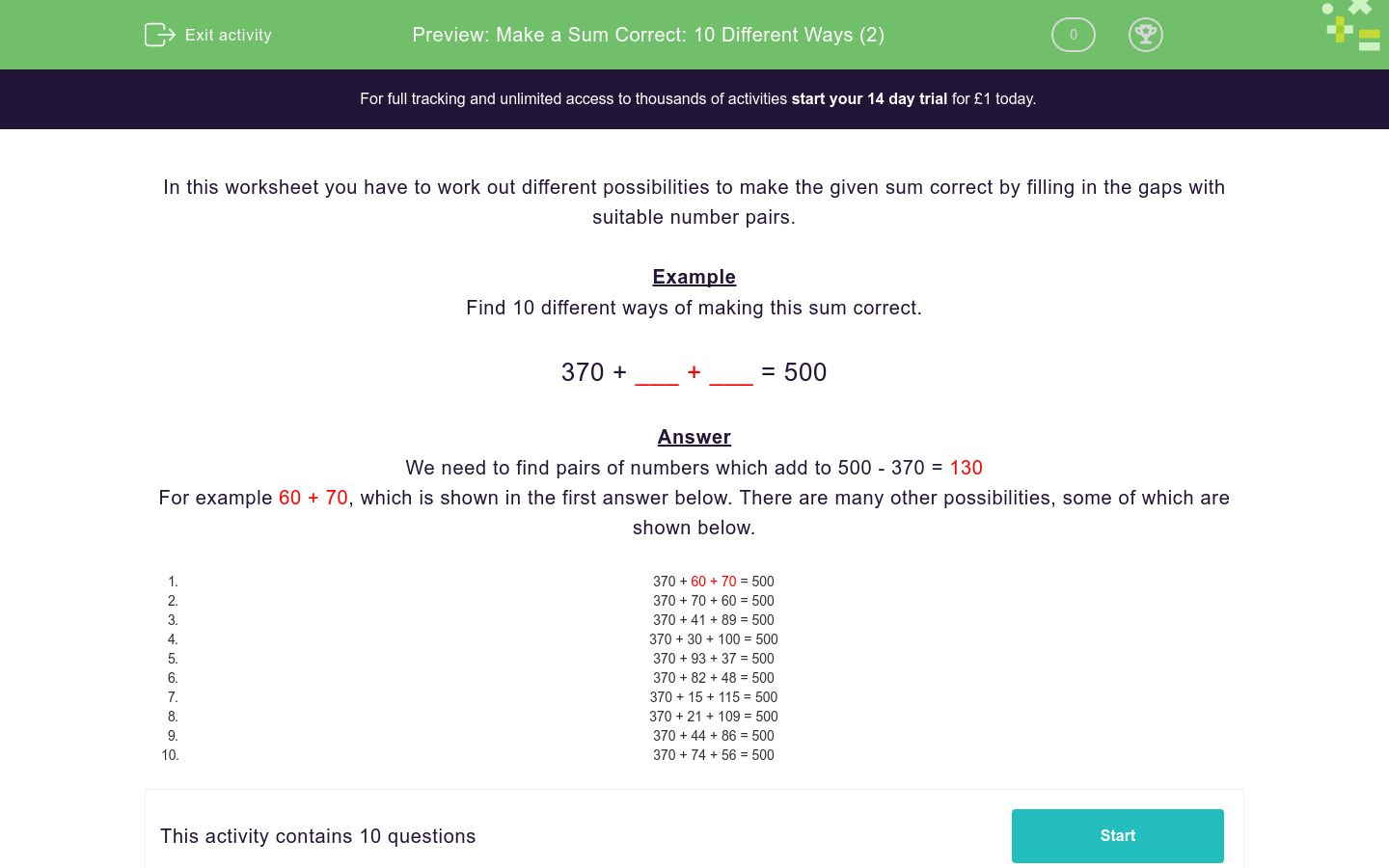 Make a Sum Correct: 10 Different Ways (2) Worksheet - EdPlace