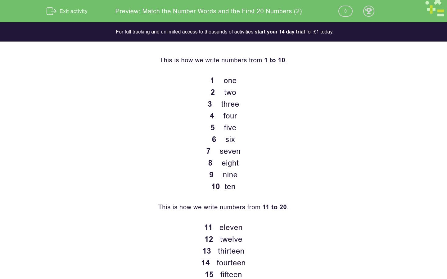 Match The Number Words And The First Numbers 2 Worksheet Edplace