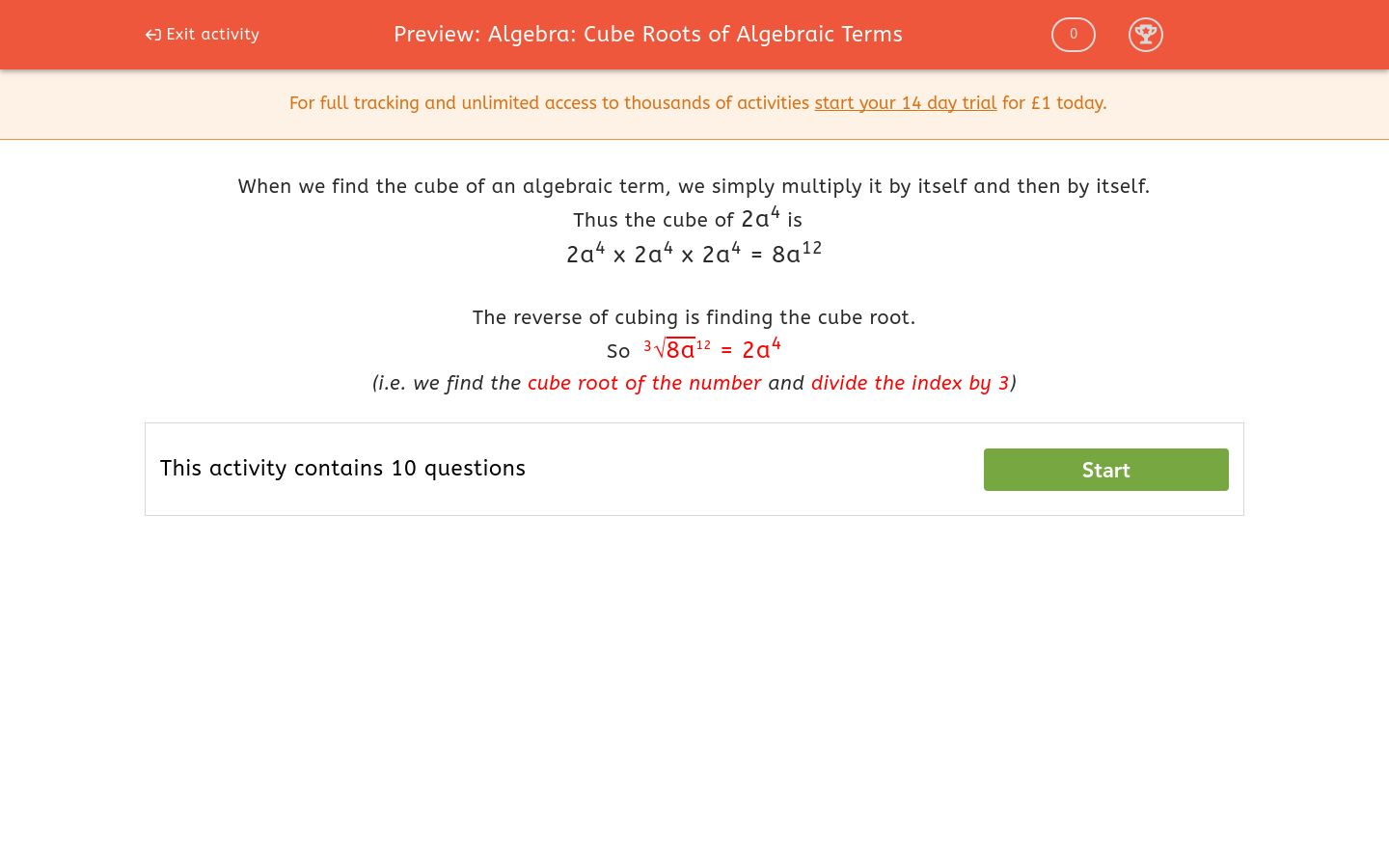 Algebra: Cube Roots of Algebraic Terms Worksheet - EdPlace