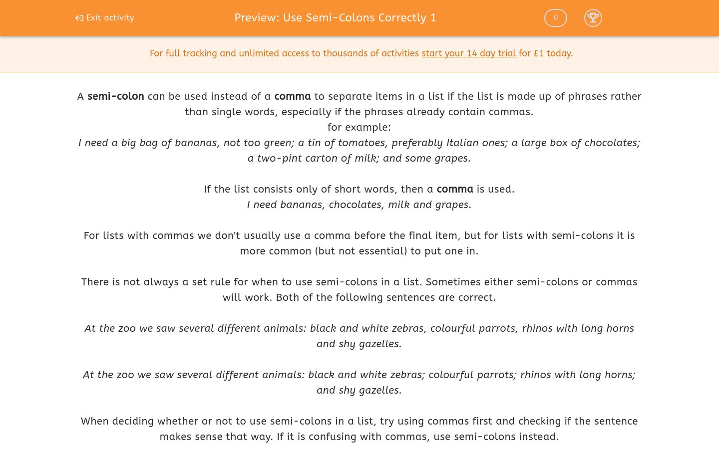 Use Semi-Colons Correctly 1 Worksheet - EdPlace