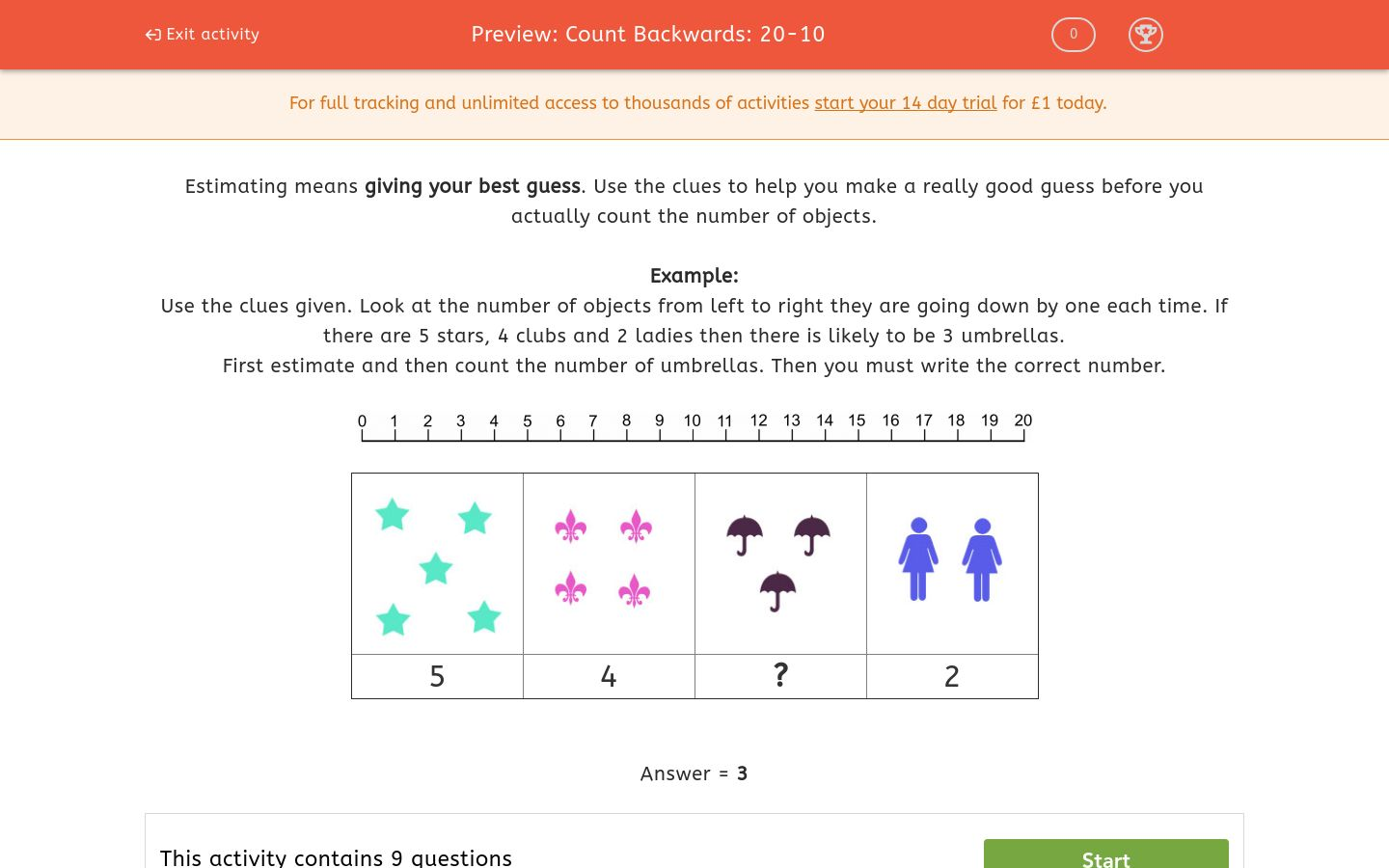 Count Backwards: 20-10 Worksheet - EdPlace