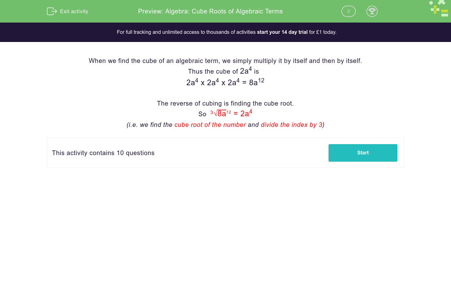 Algebra: Cube Roots of Algebraic Terms Worksheet - EdPlace