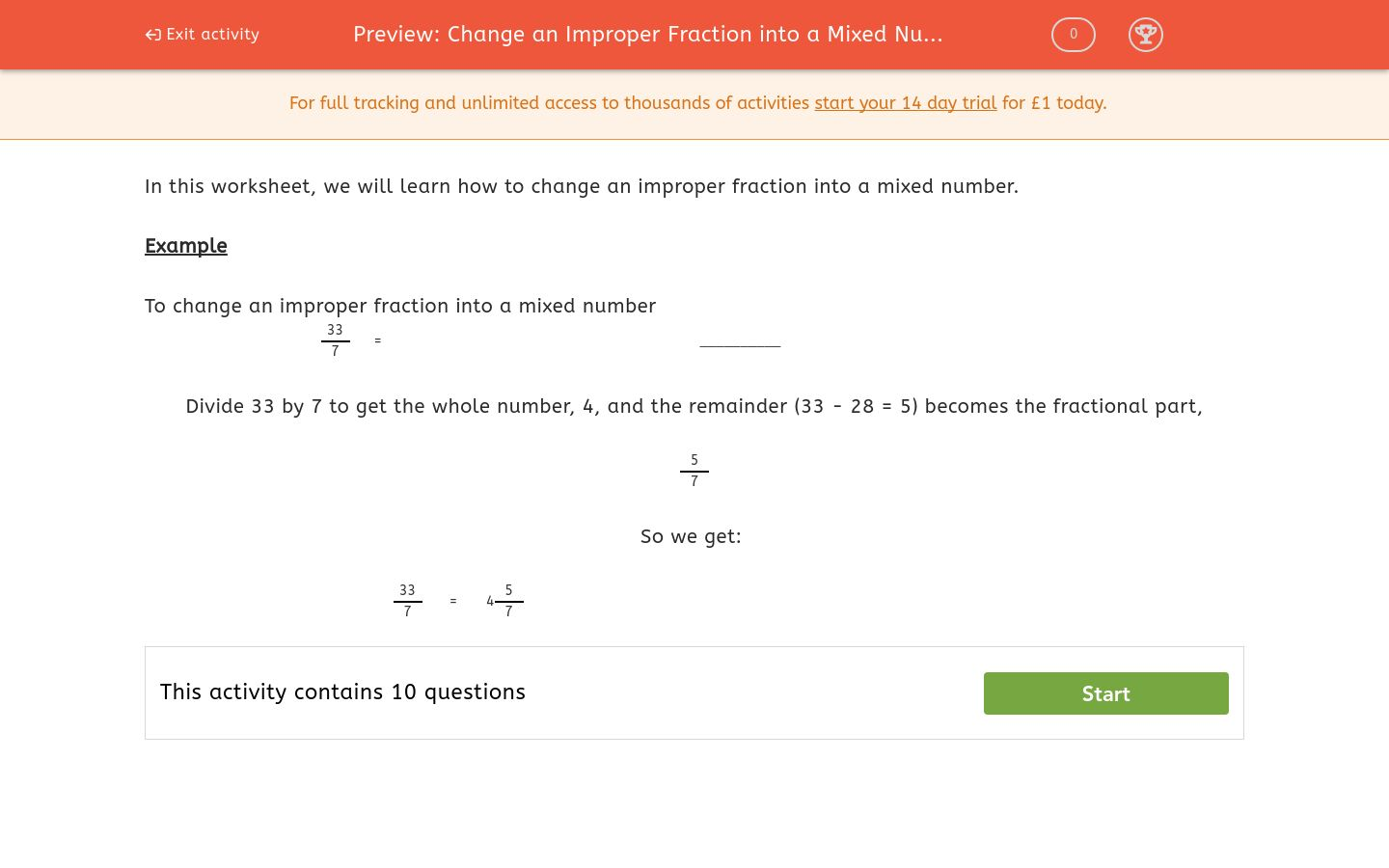 Change An Improper Fraction Into A Mixed Number Worksheet EdPlace