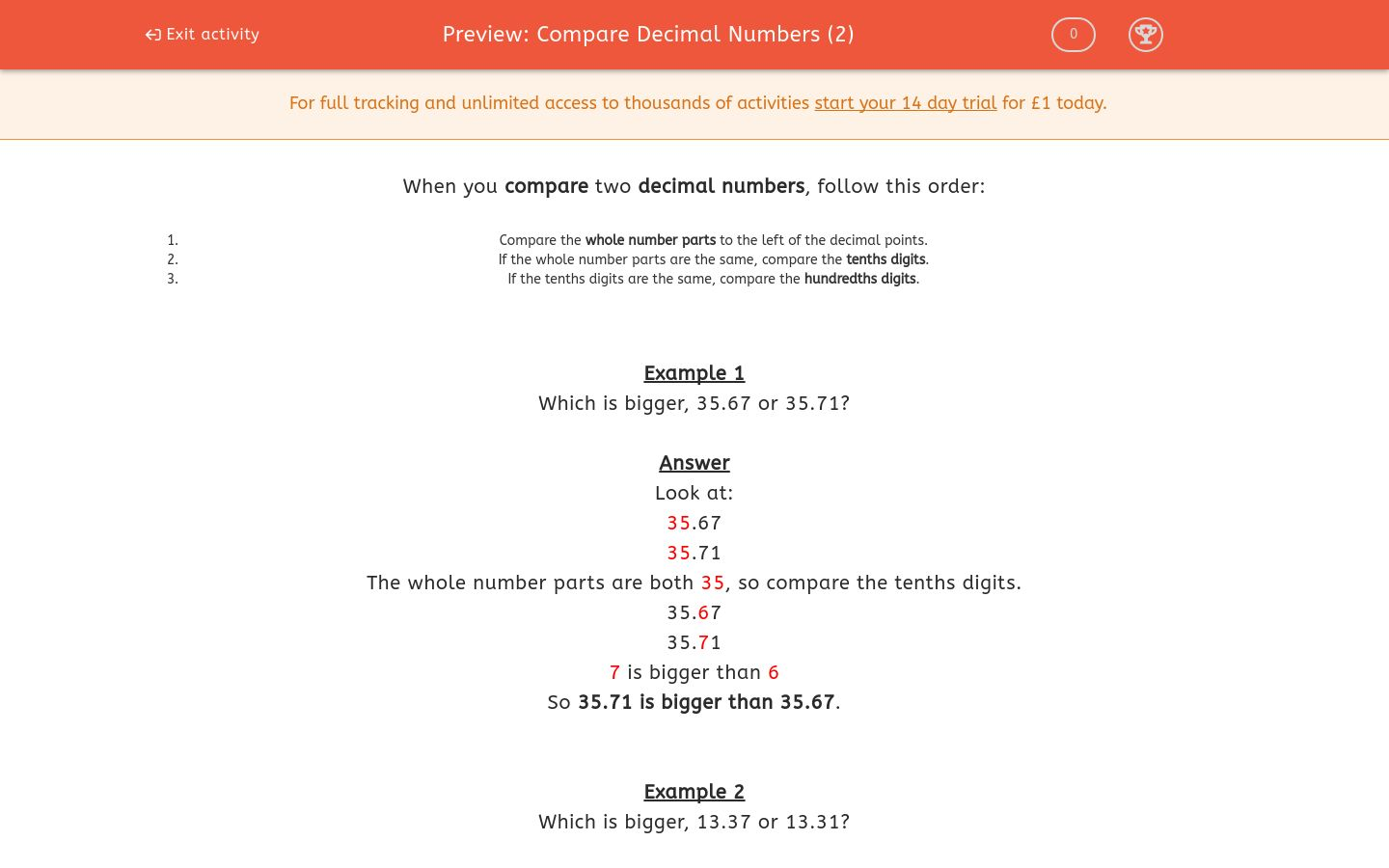 compare decimal numbers 2 worksheet edplace