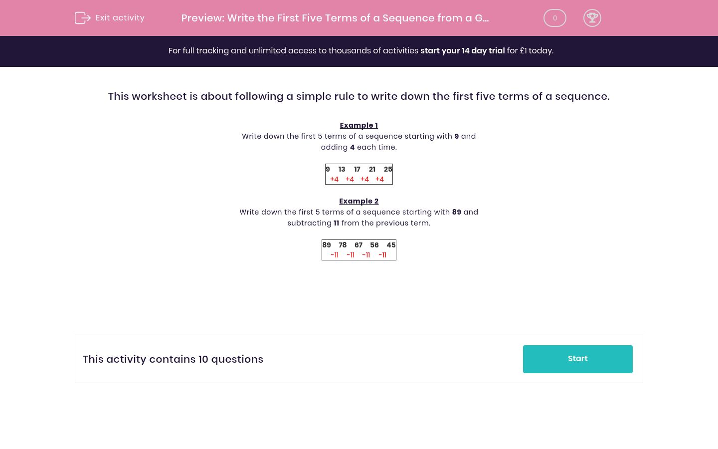 Write the First Five Terms of a Sequence from a Given Rule Worksheet