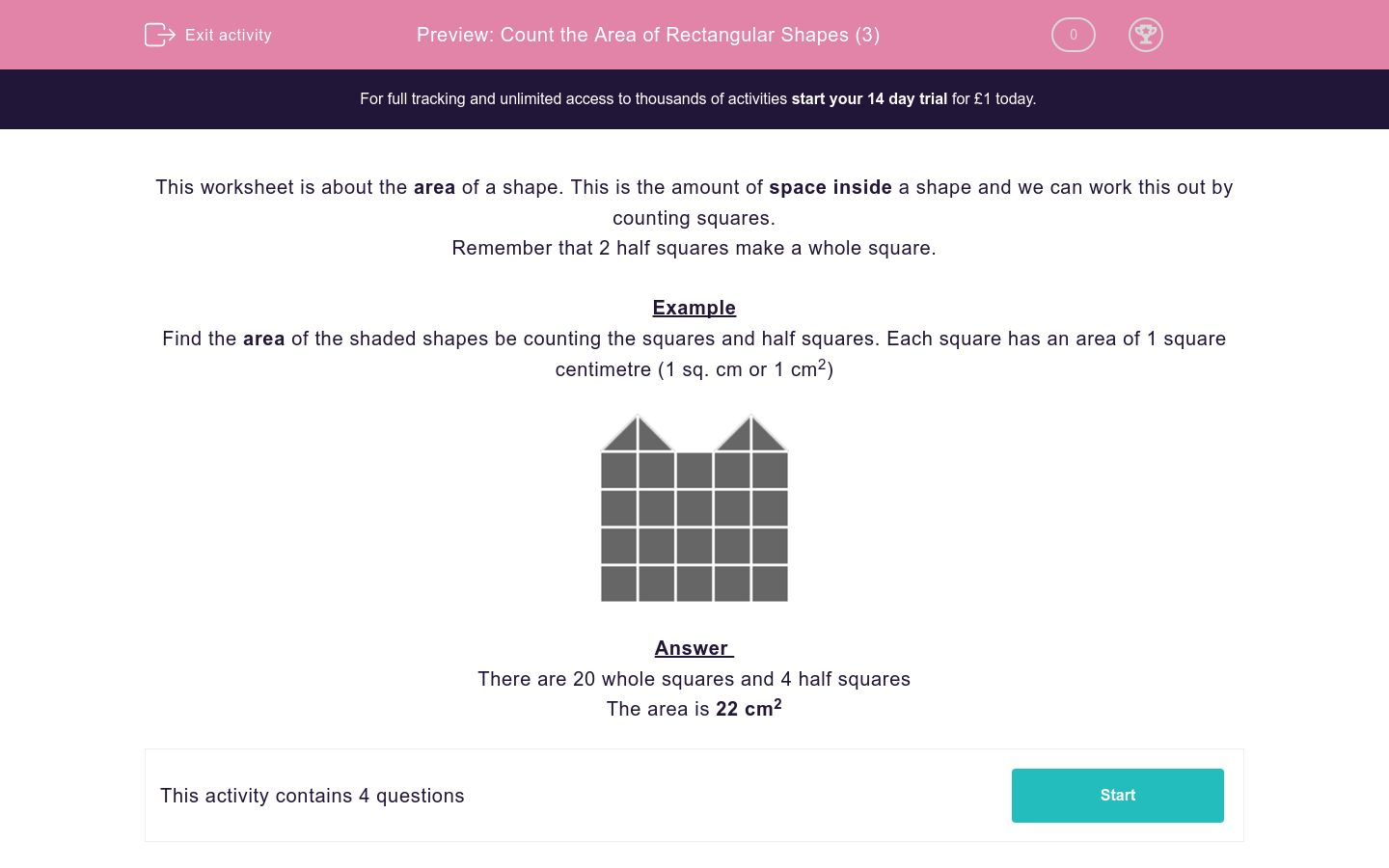 Count the Area of Rectangular Shapes (3) Worksheet - EdPlace