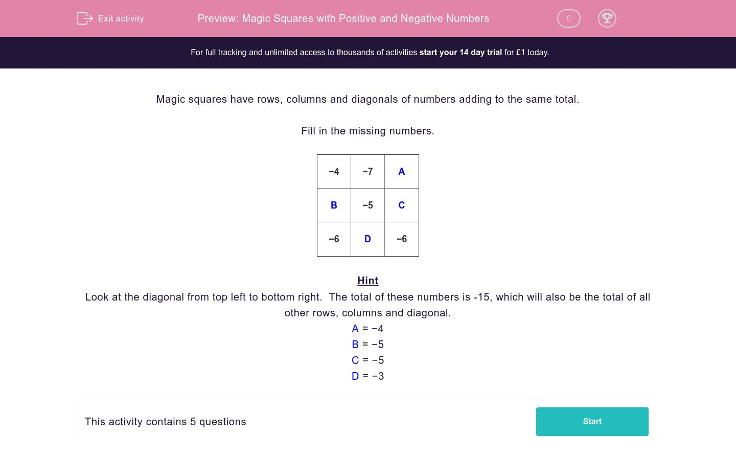 magic squares with positive and negative numbers worksheet