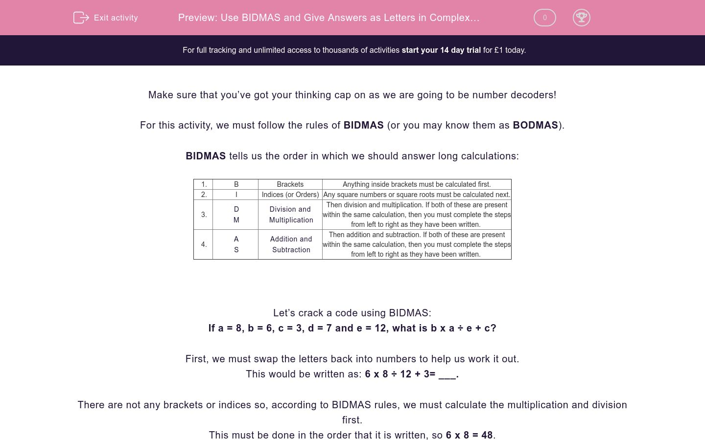 Use Bidmas And Give Answers As Letters In Complex Calculations Worksheet Edplace