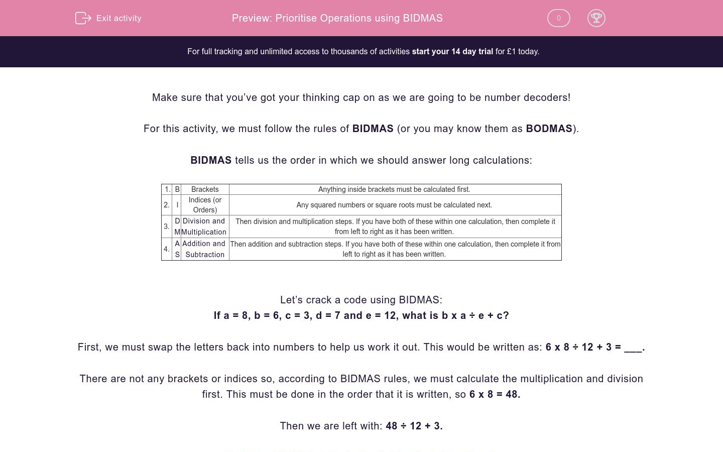 Prioritise Operations Using Bidmas Worksheet Edplace