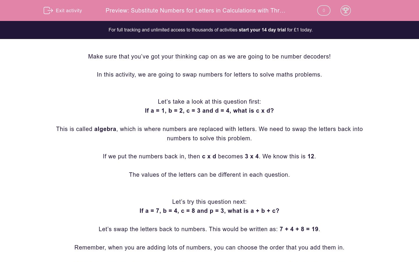 Substitute Numbers for Letters in Calculations with Three Steps