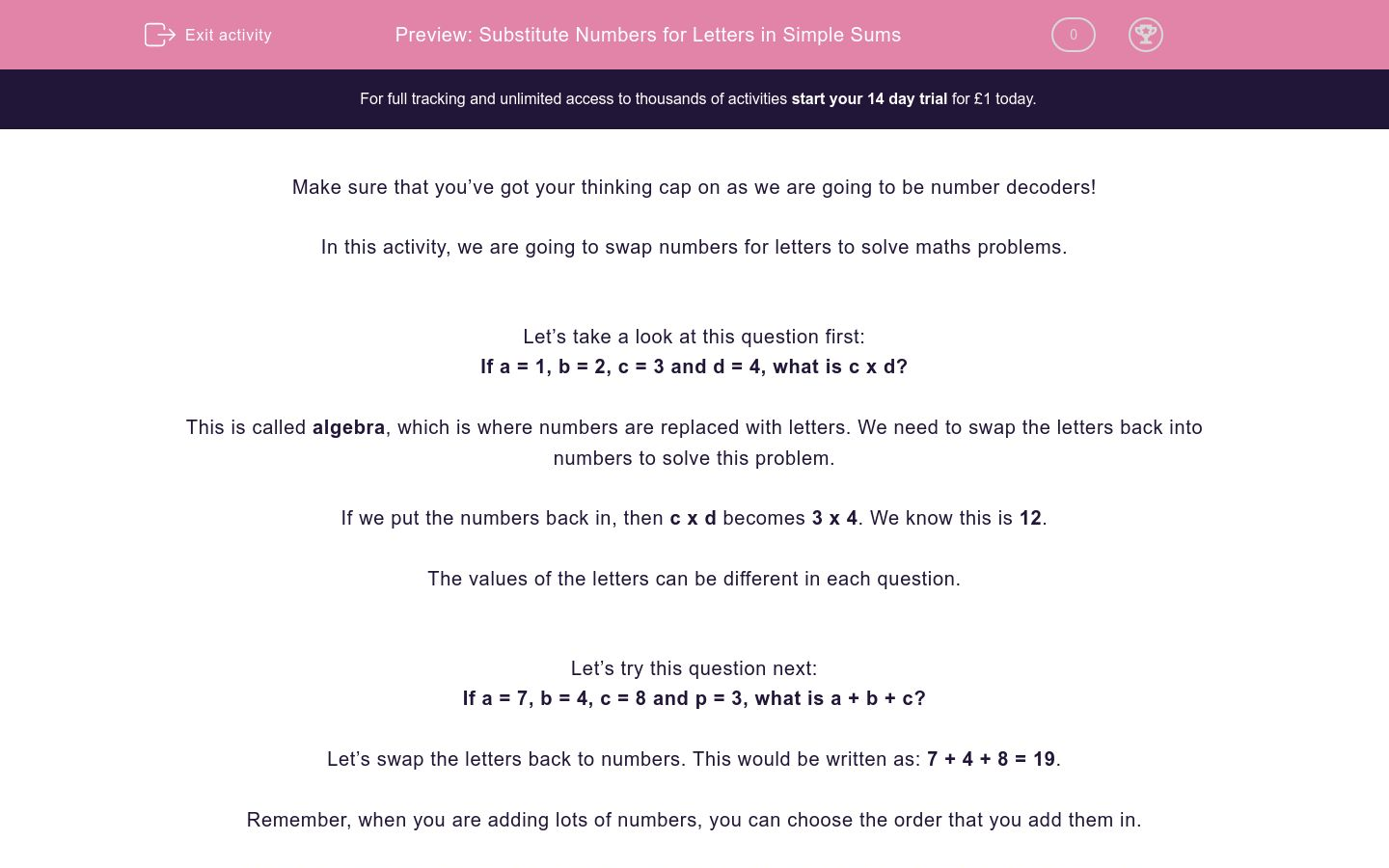 Substitute Numbers for Letters in Simple Sums Worksheet EdPlace