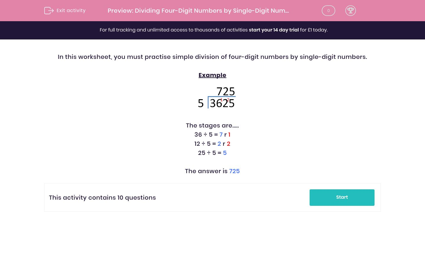 Dividing Four-Digit Numbers by Single-Digit Numbers (2) Worksheet - EdPlace