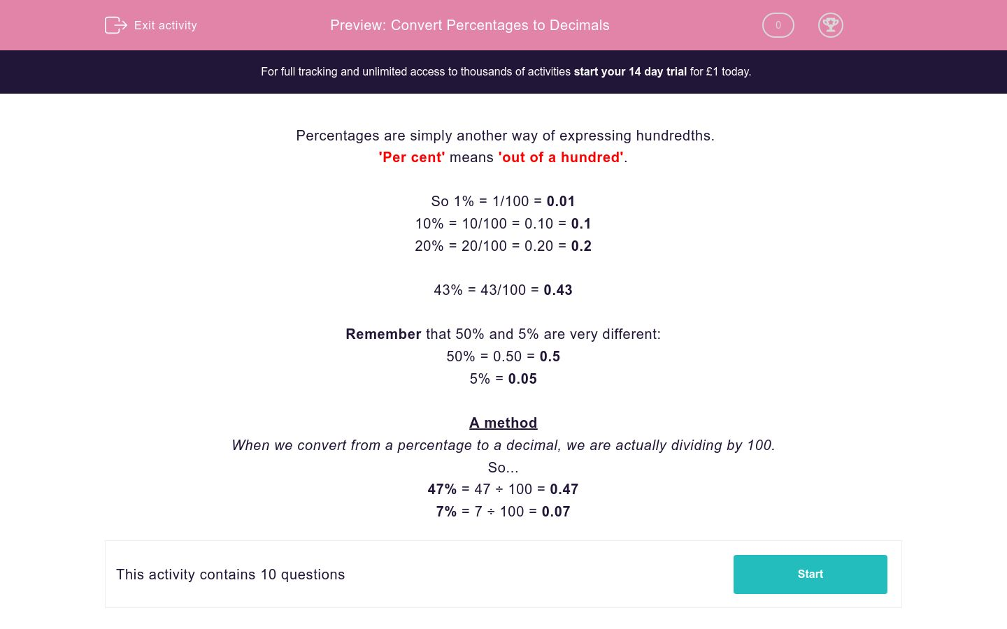 Convert Percentages to Decimals Worksheet - EdPlace