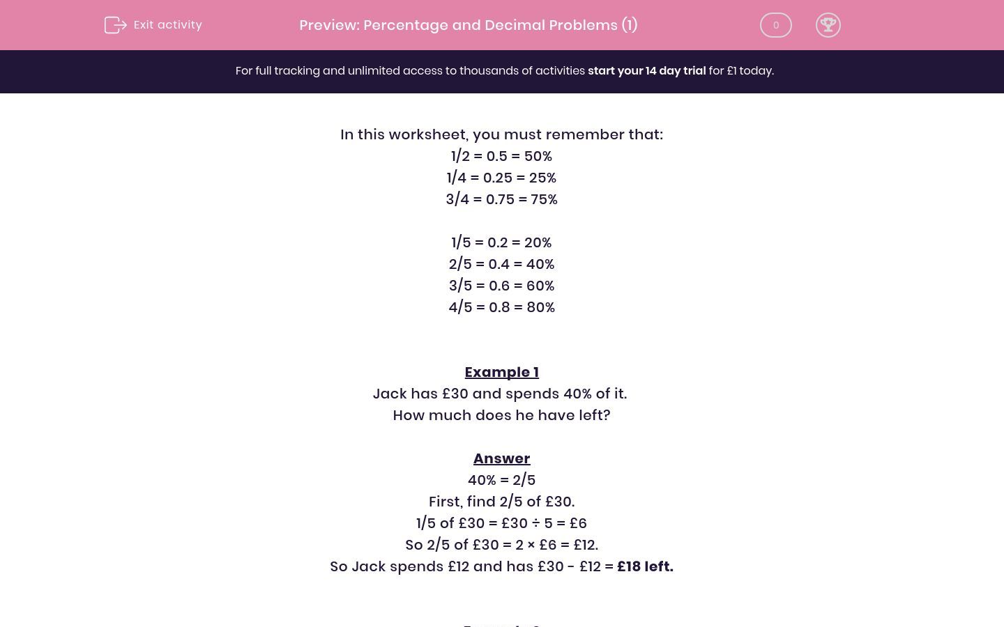 Percentage and Decimal Problems (1) Worksheet - EdPlace