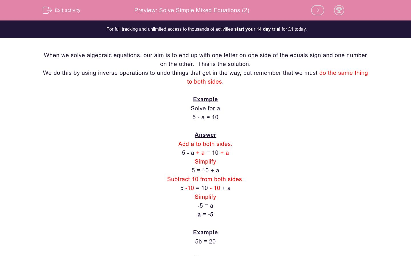 Solve Simple Mixed Equations (2) Worksheet - EdPlace