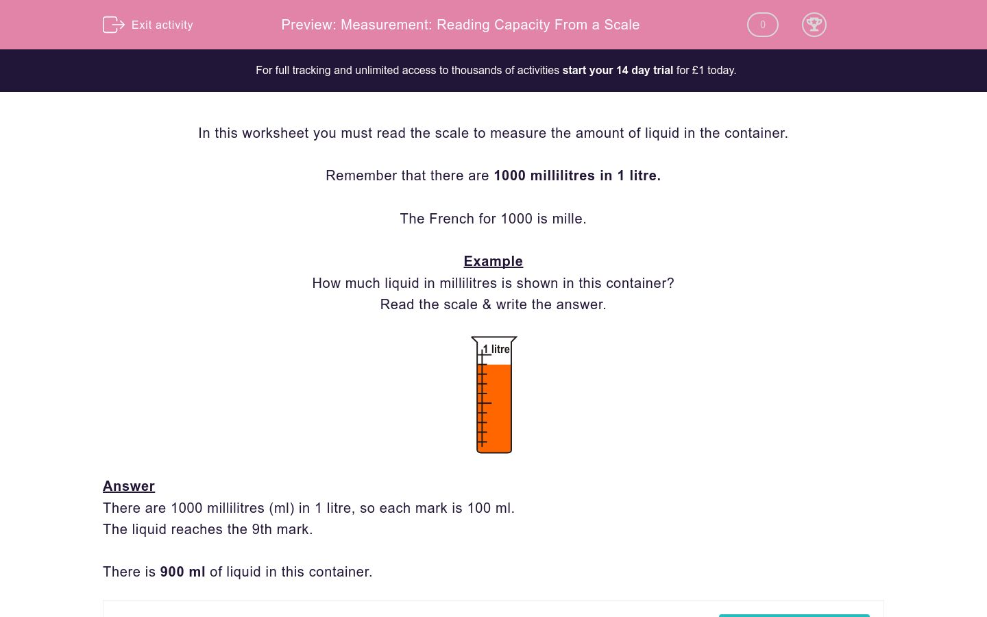 Measurement: Reading Capacity From a Scale Worksheet - EdPlace