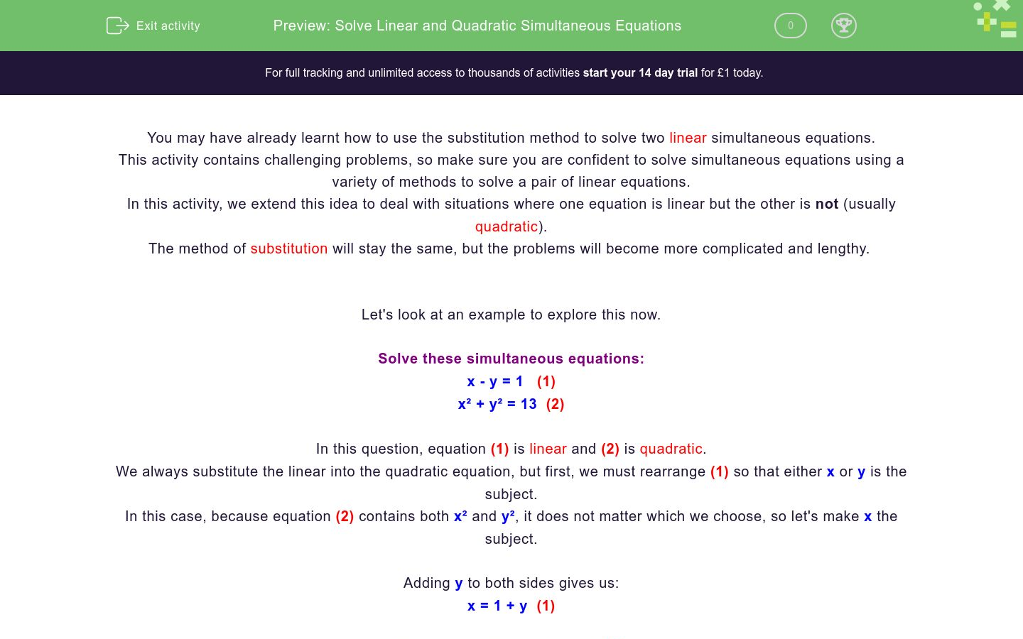 Solve Linear and Quadratic Simultaneous Equations Worksheet - EdPlace