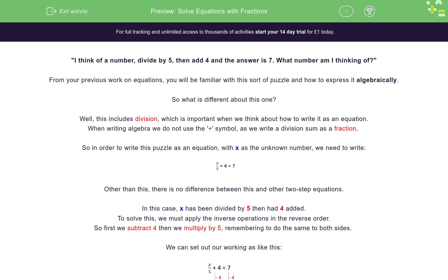 Solve Equations with Fractions Worksheet - EdPlace