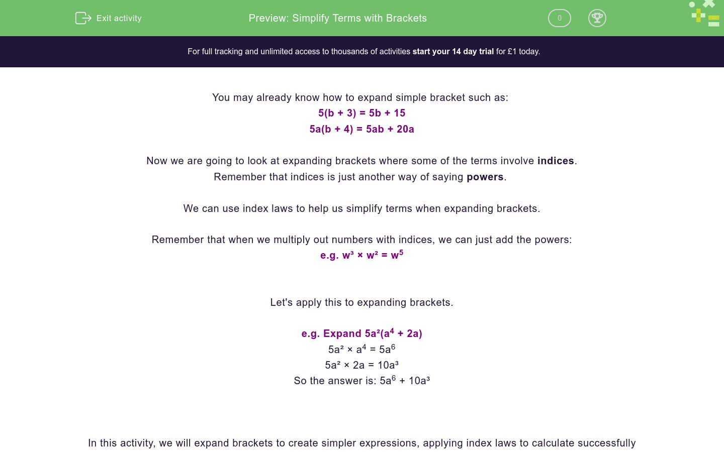 Simplify Terms with Brackets Worksheet - EdPlace