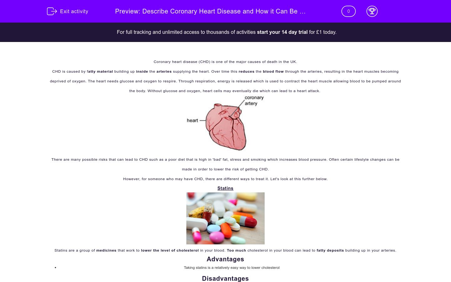 Understand Coronary Heart Disease Worksheet - EdPlace