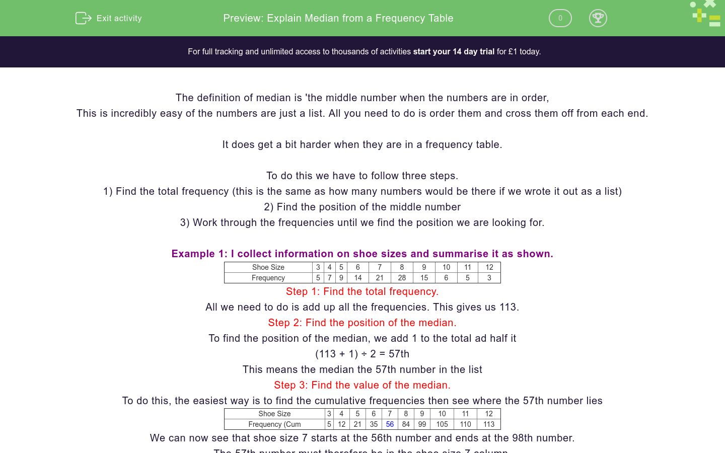 Find the Median from Frequency Tables Worksheet - EdPlace