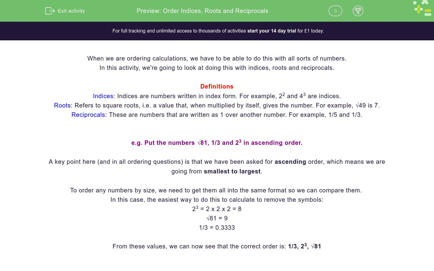 Order Indices, Roots and Reciprocals Worksheet - EdPlace