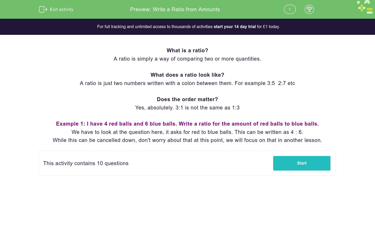 Write a Ratio from Amounts Worksheet - EdPlace