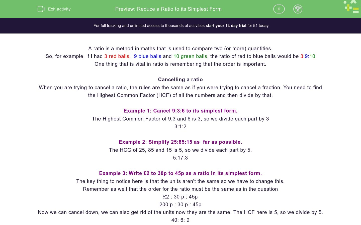 Reduce a Ratio to its Simplest Form Worksheet - EdPlace