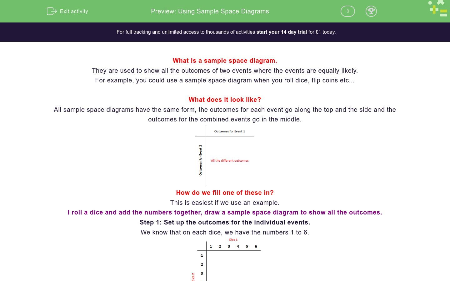 Use Sample Space Diagrams Worksheet - EdPlace