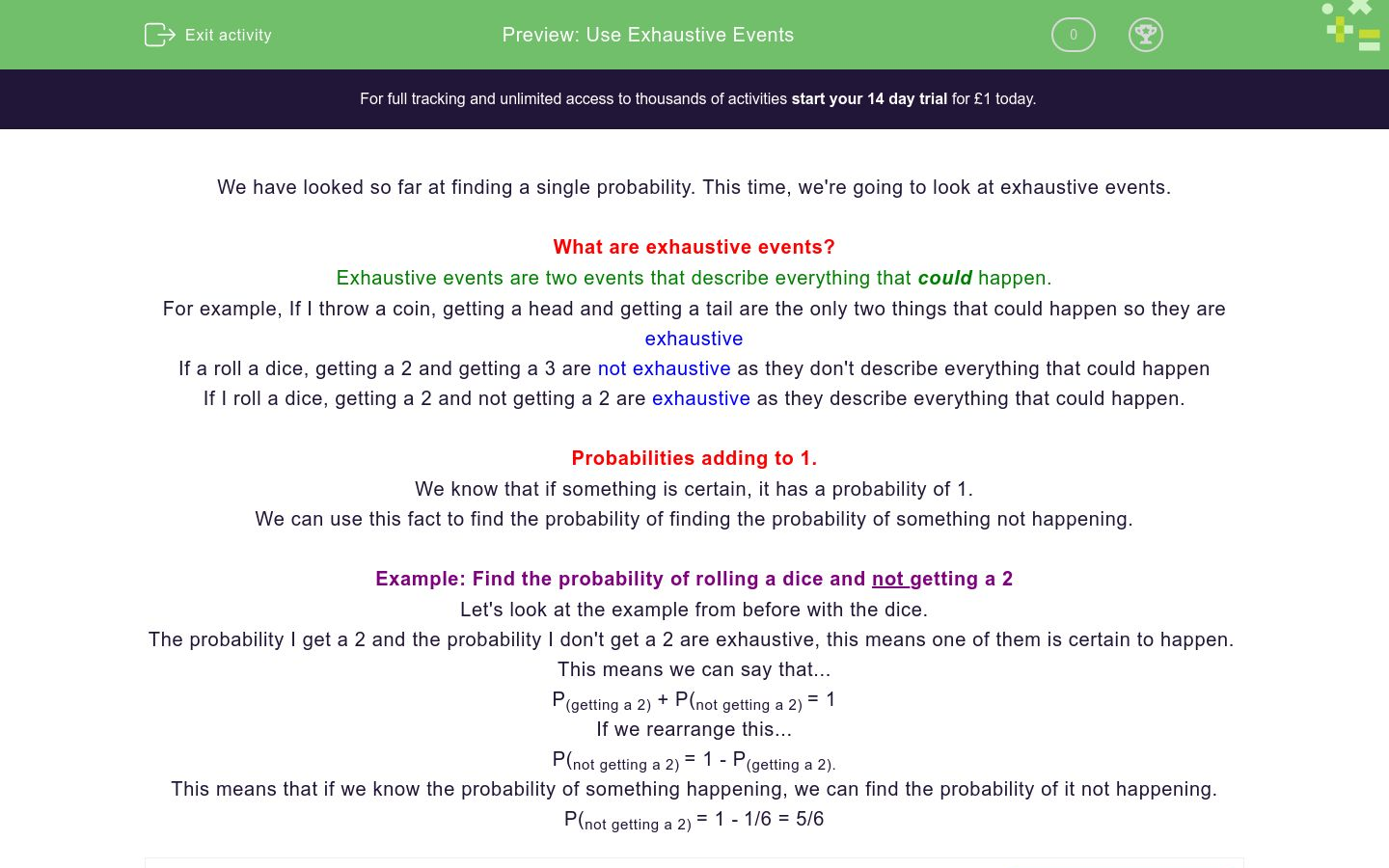 Identify Exhaustive Events Worksheet EdPlace