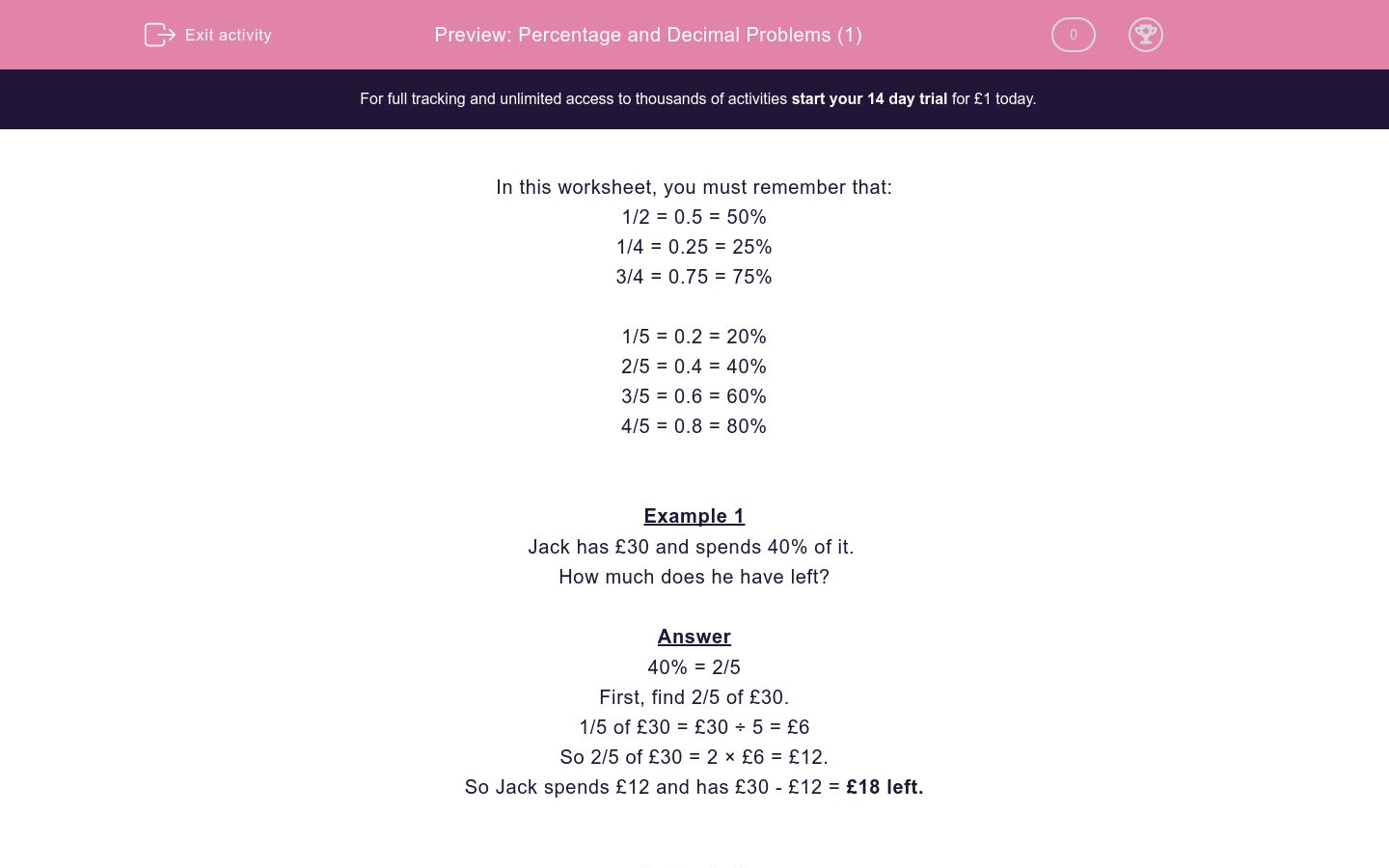 Percentage and Decimal Problems (1) Worksheet - EdPlace