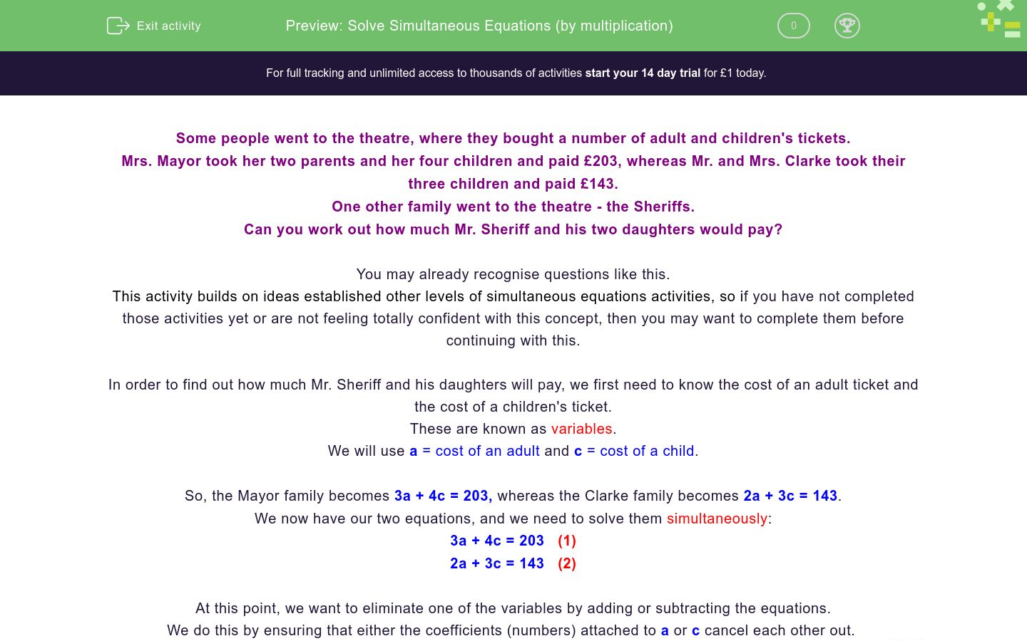 Solve Simultaneous Equations (by multiplication) Worksheet - EdPlace