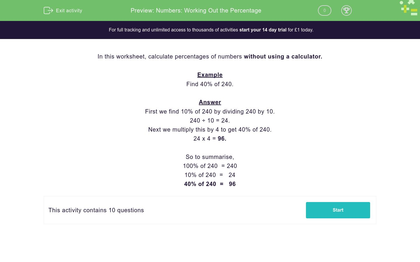 Numbers working out the percentage worksheet edplace