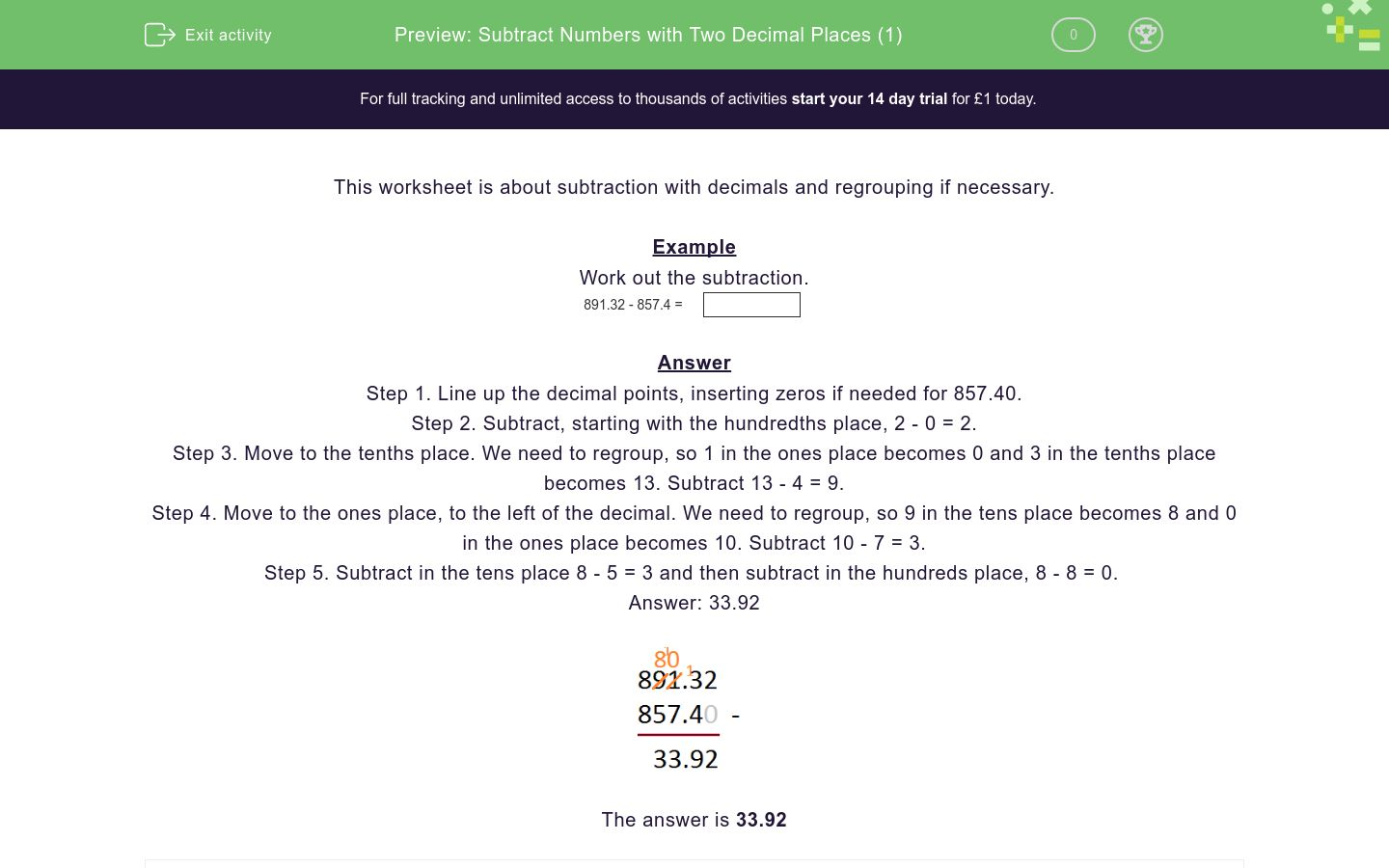 Subtract Numbers with Two Decimal Places (1) Worksheet - EdPlace