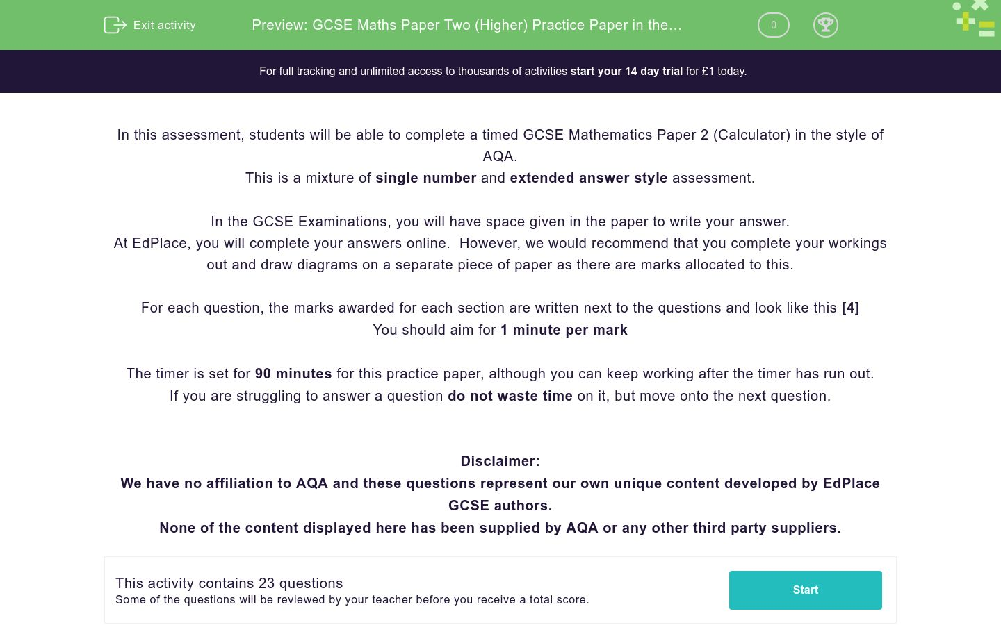 GCSE Maths Paper Two (Higher) Practice Paper in the Style of AQA