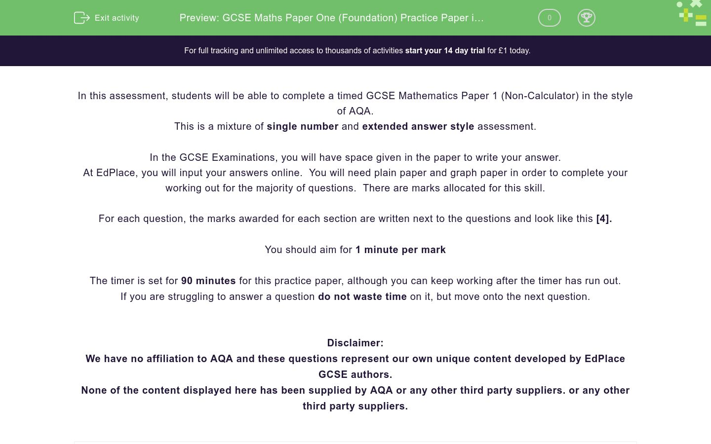 Gcse Maths Paper One Foundation Practice Paper In The Style Of Aqa Non Calculator Worksheet Edplace