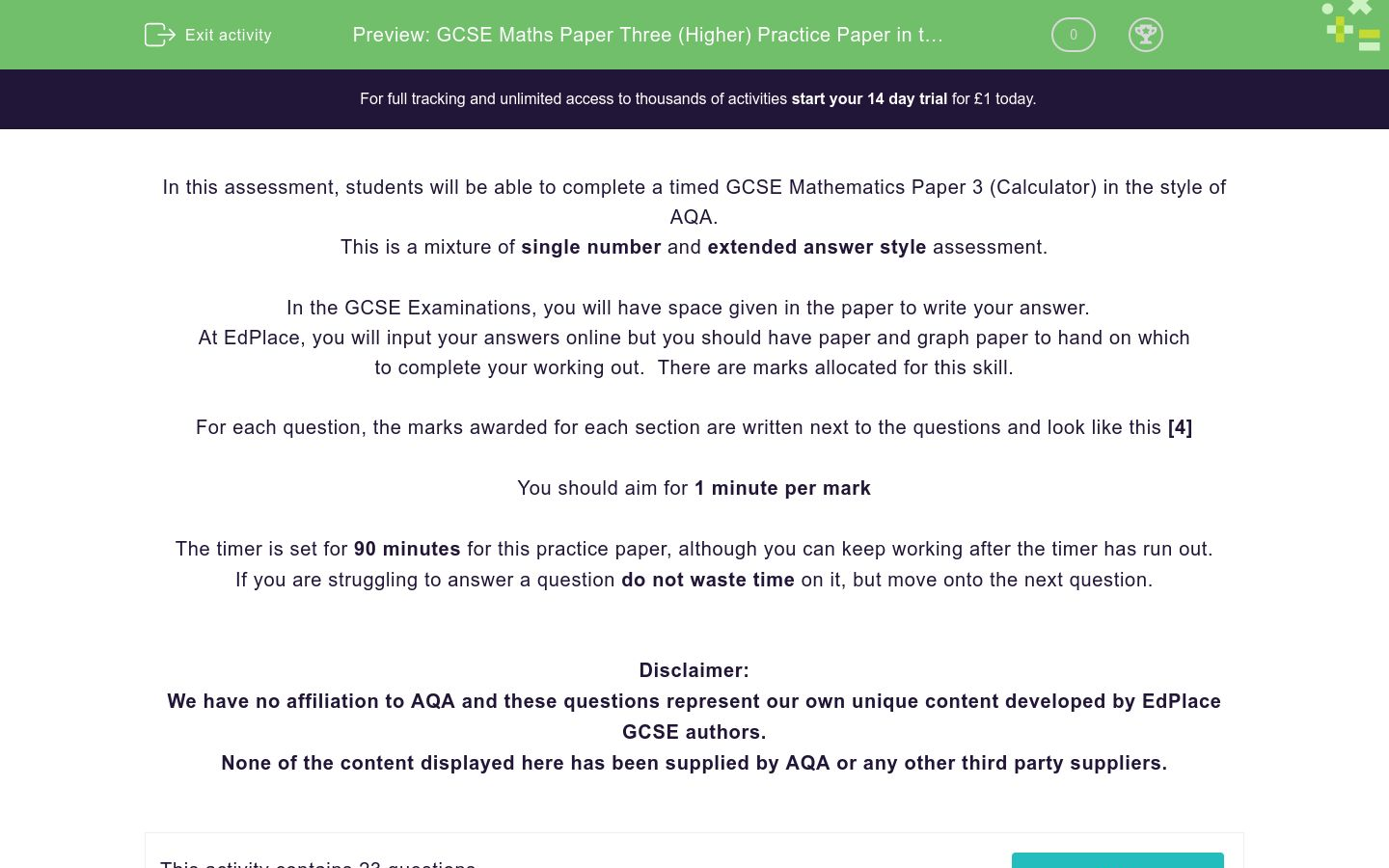 GCSE Maths Paper Three (Higher) Practice Paper in the Style of AQA ...
