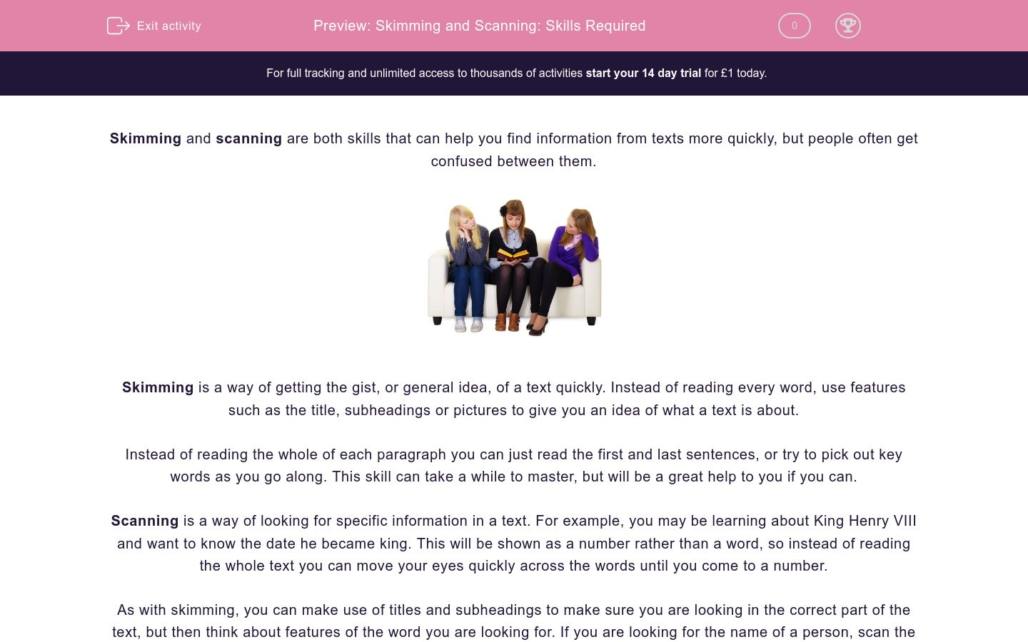Skimming and Scanning: Skills Required Worksheet - EdPlace