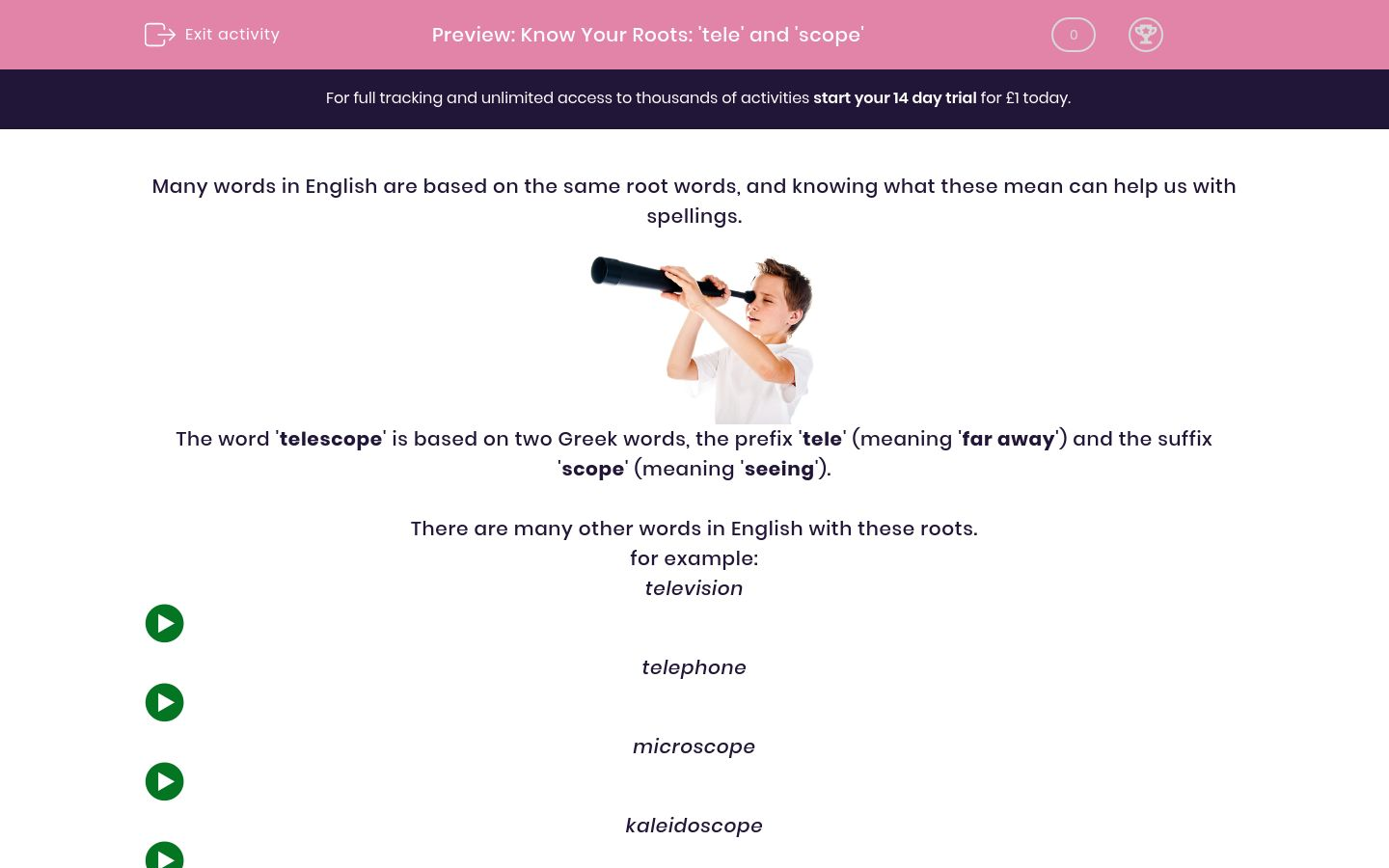 Know Your Roots 'tele' and 'scope' Worksheet EdPlace