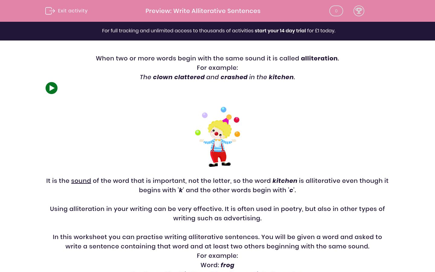 Write Alliterative Sentences Worksheet EdPlace