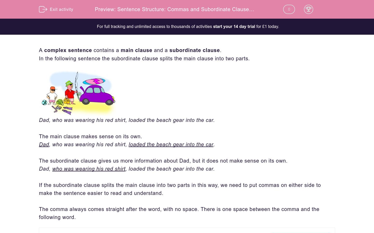 Sentence Structure: Commas and Subordinate Clauses 1 Worksheet - EdPlace
