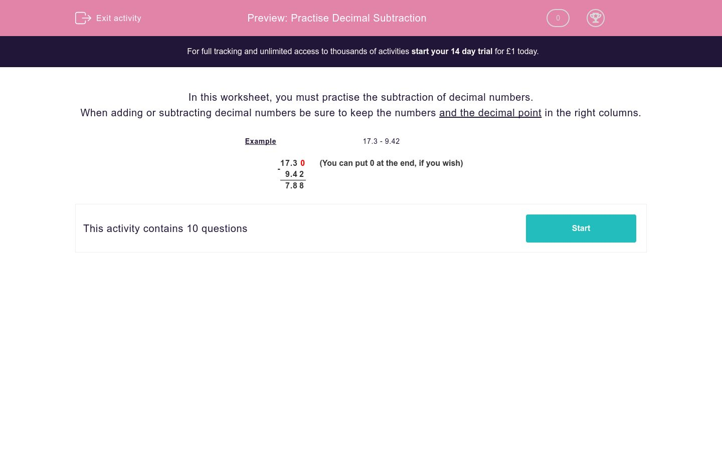 Practise Decimal Subtraction Worksheet - EdPlace